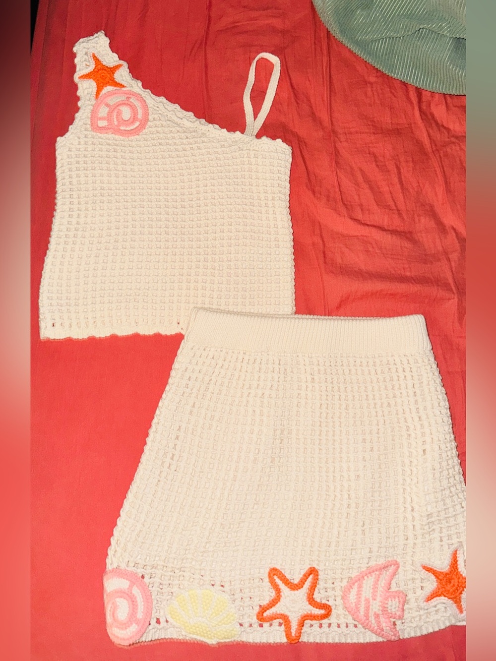 Cream Crochet Knit Tank and Skirt Set - Girl's Two-Piece